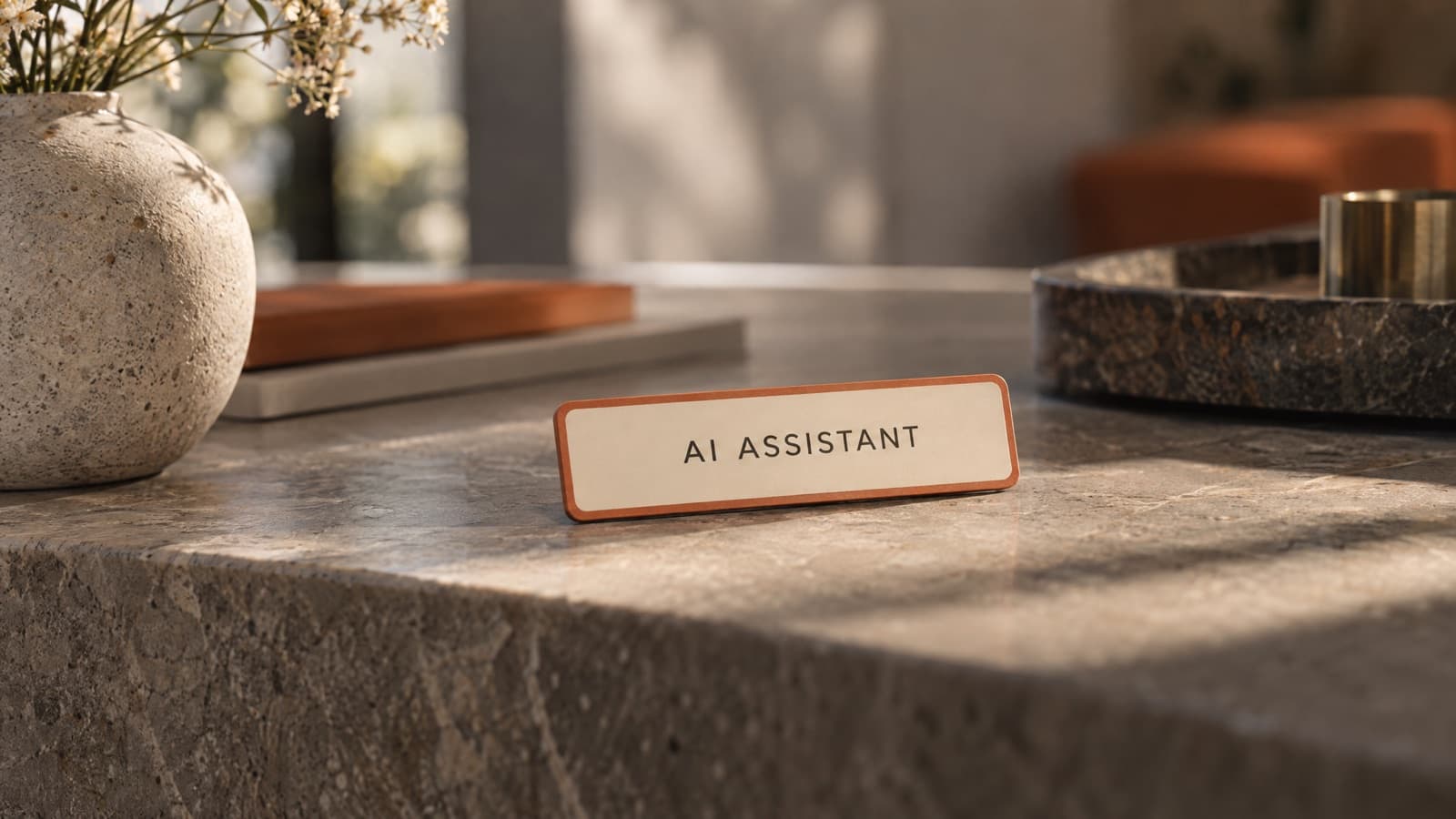 A small cream name badge with a terracotta border on a stone reception counter, reading AI ASSISTANT