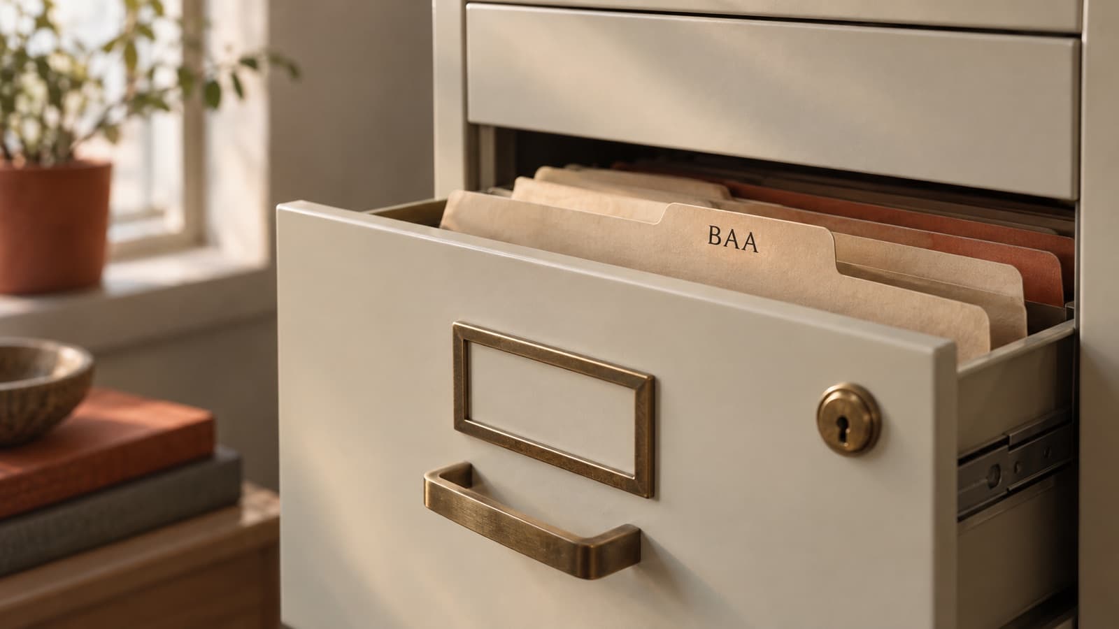 A cream filing cabinet with a brass lock and one drawer open, showing a manila folder tabbed BAA
