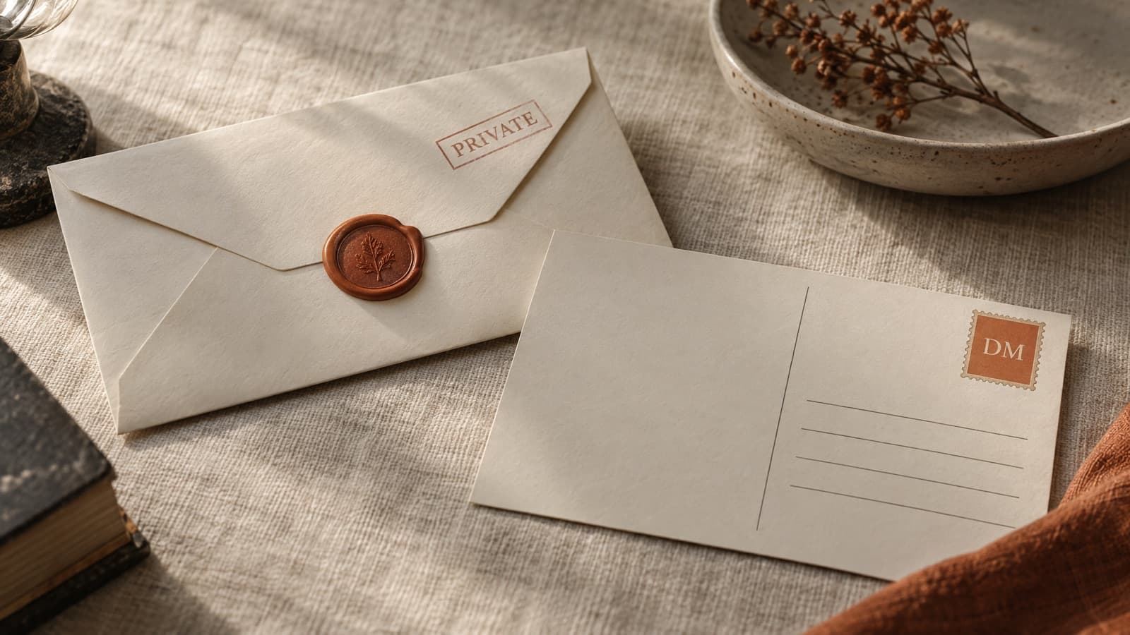 A sealed cream envelope with a terracotta wax seal and a PRIVATE stamp, next to an open blank postcard stamped DM