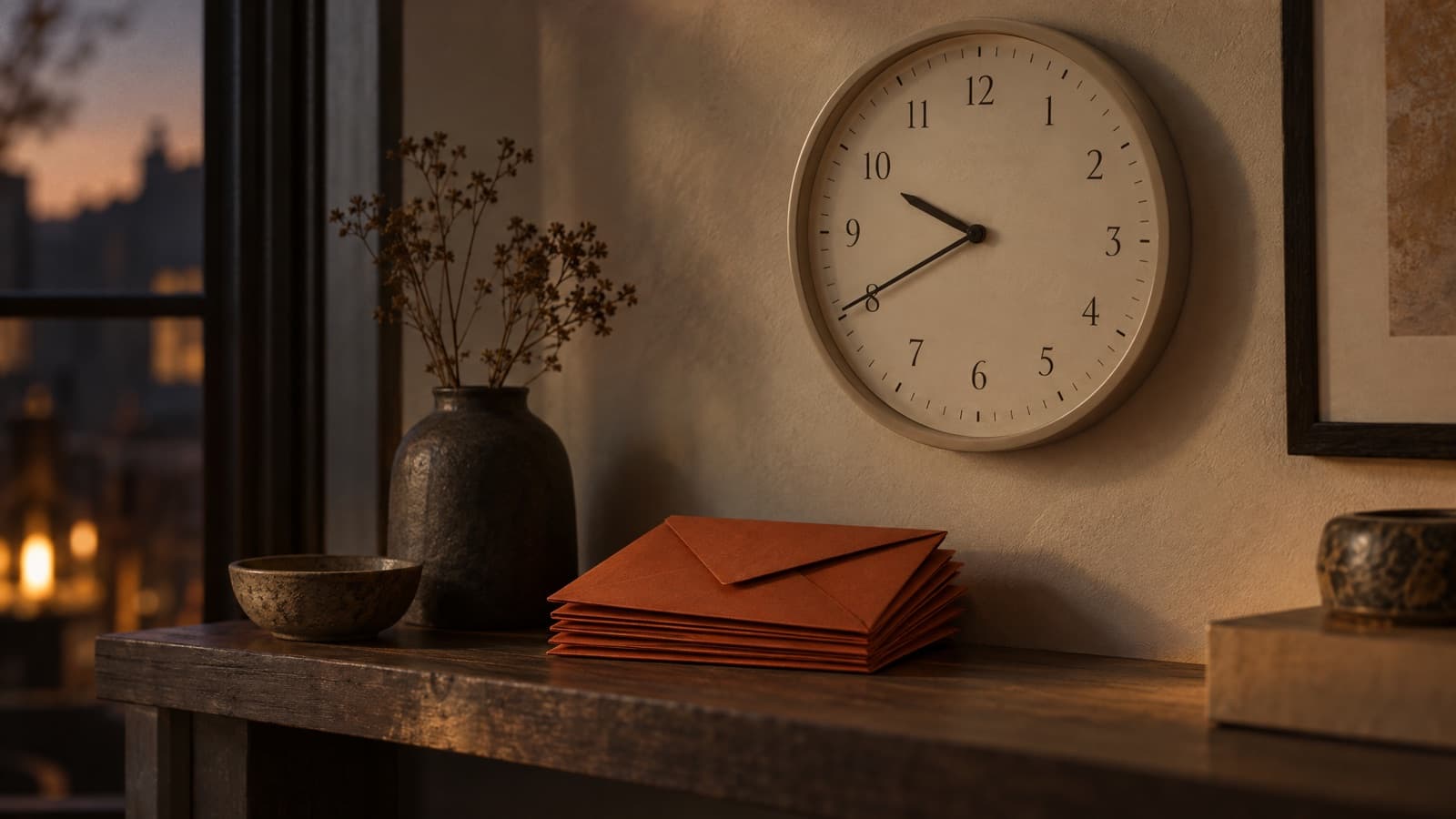 A cream wall clock reading twenty to ten above a shelf with a small stack of unopened terracotta envelopes, in dim evening light