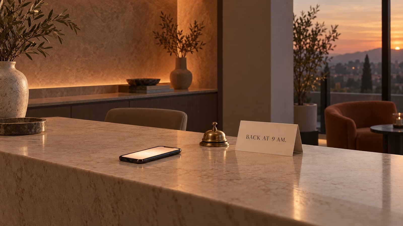 An empty stone reception desk at dusk with a brass desk bell, a phone with a glowing screen and a folded card reading BACK AT 9 AM