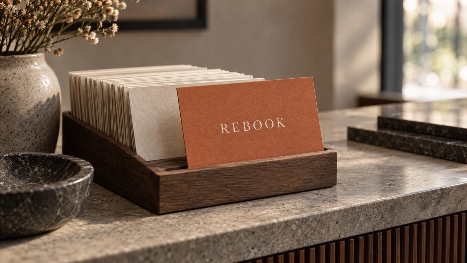 A wooden holder of cream appointment cards on a stone counter, with one terracotta card pulled forward that reads REBOOK
