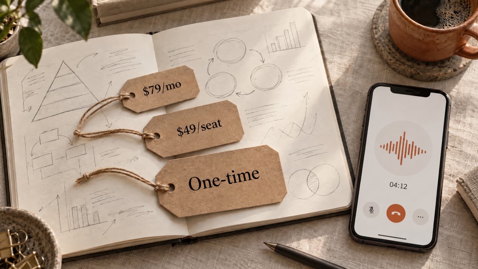 Three kraft-paper price tags reading $79/mo, $49/seat and One-time lying on an open coaching notebook, next to a phone showing a voice practice call