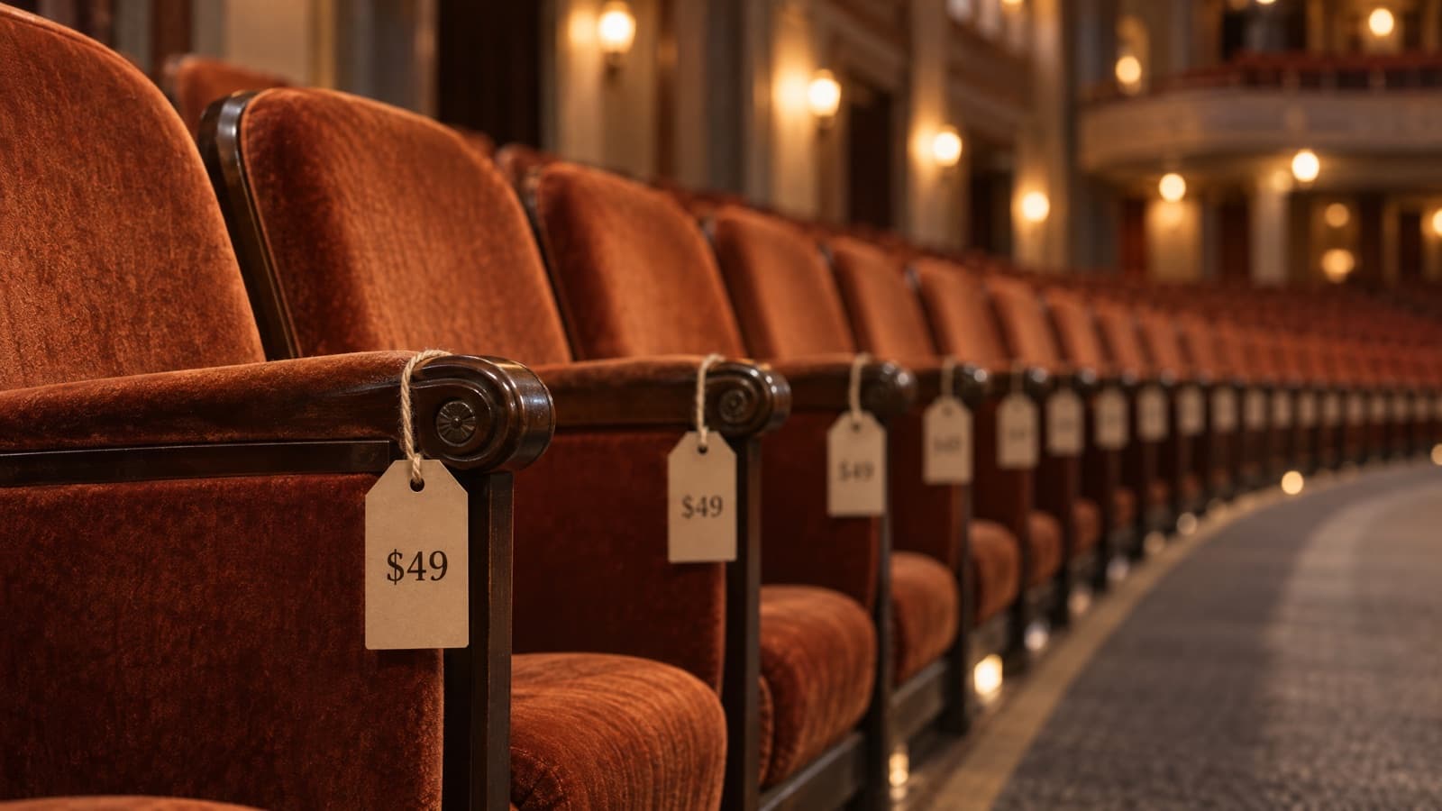 A long row of empty orange velvet theatre seats, each with a small kraft-paper price tag reading $49 hanging from the armrest