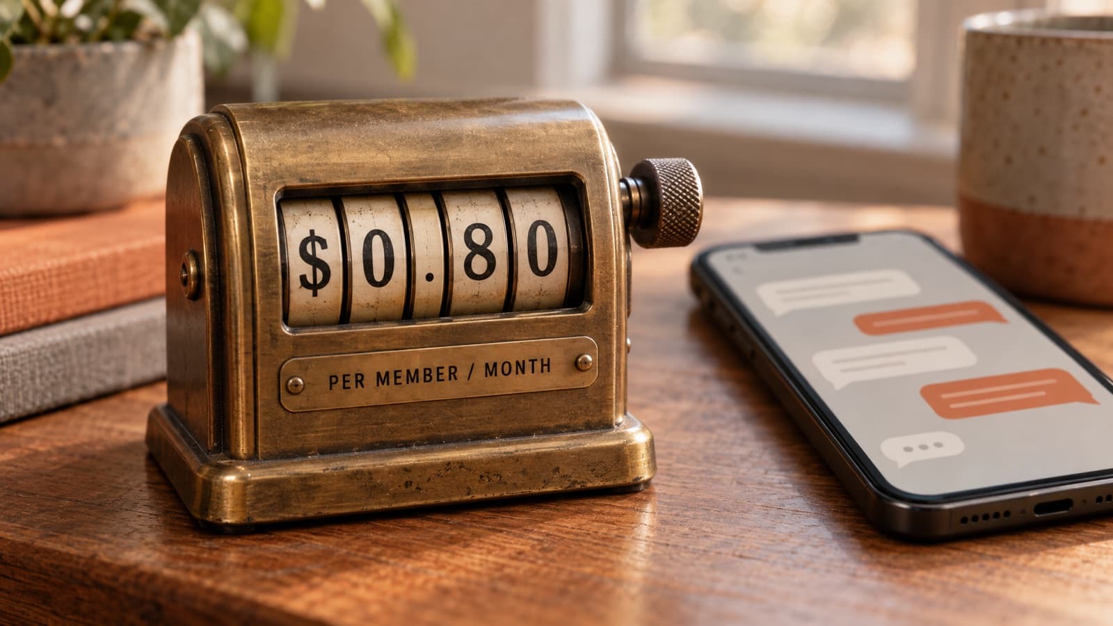 A vintage brass counter meter on a wooden desk with number wheels showing $0.80 above a plate reading per member per month, next to a phone with a chat on screen