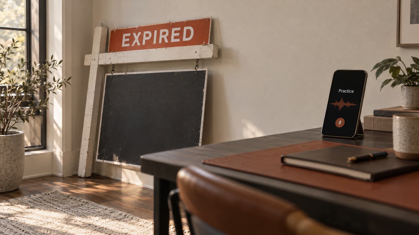 A real estate yard sign with an EXPIRED rider leaning against a home office wall, next to a phone on a stand showing a voice practice screen