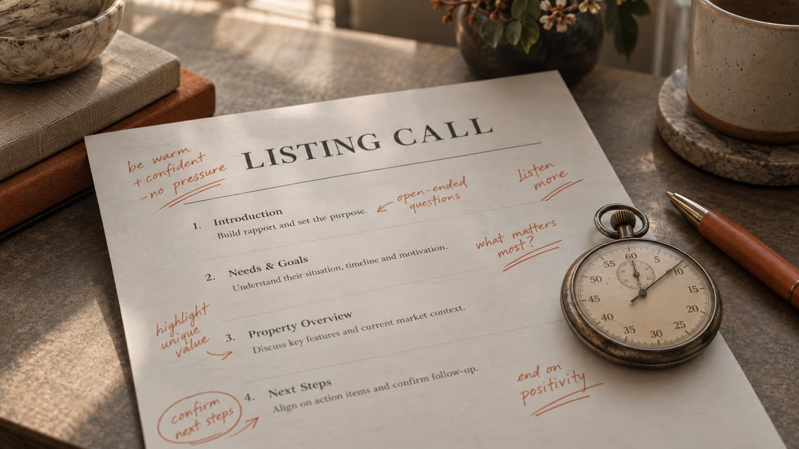 A printed listing call script covered in handwritten orange notes, with a vintage stopwatch on the corner