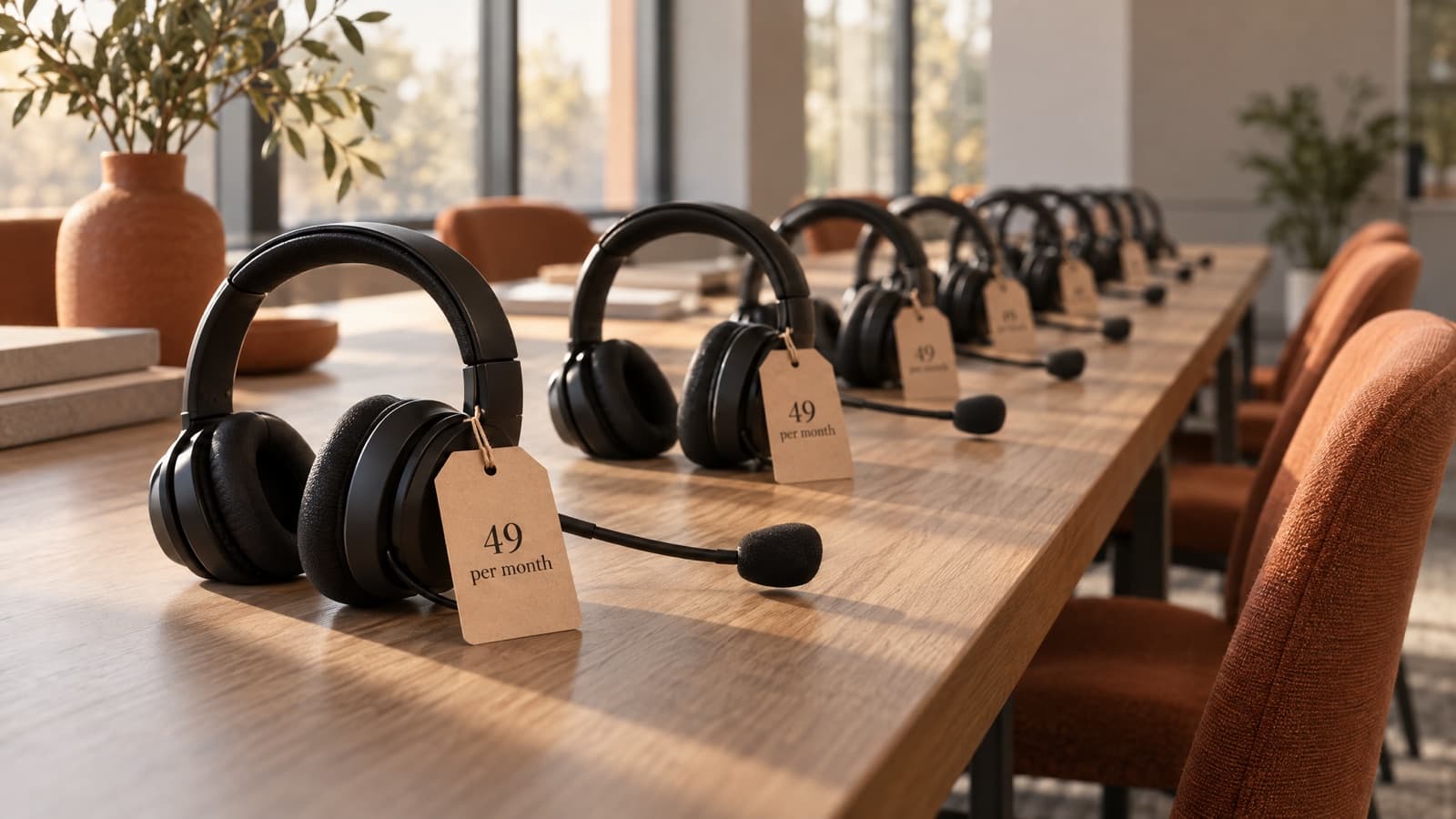 A long training table with a row of identical black headsets, each with a kraft tag reading 49 per month
