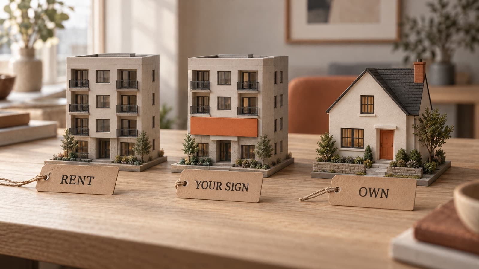 Three architectural models on an oak table: an apartment block tagged RENT, the same block with an orange sign tagged YOUR SIGN, and a small house tagged OWN