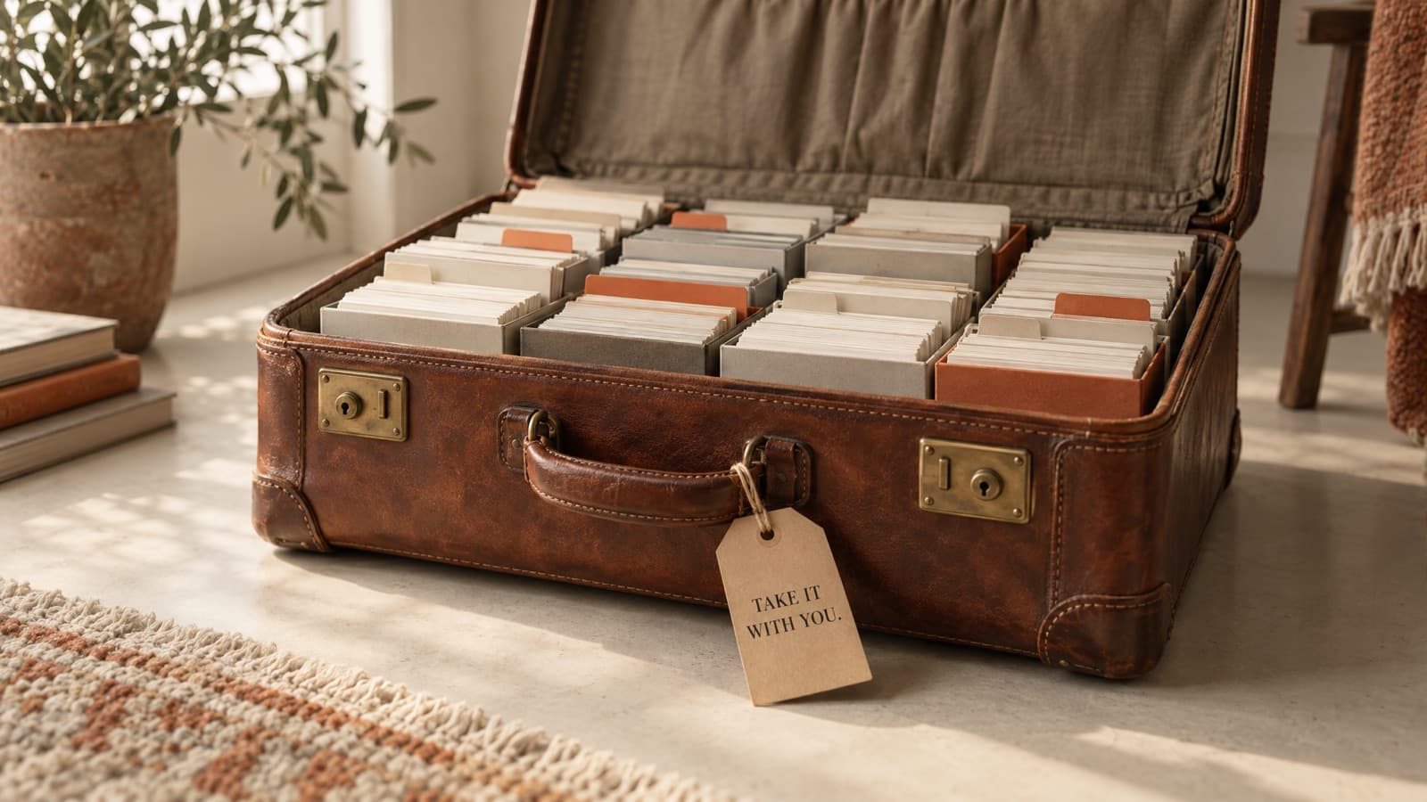 An open leather suitcase packed with index card boxes, with a luggage tag reading TAKE IT WITH YOU