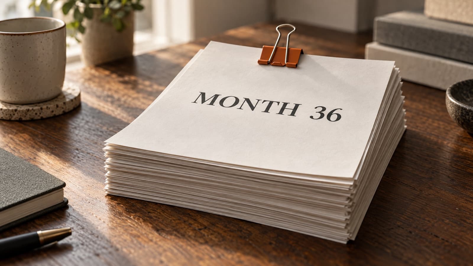 A tall stack of monthly invoices held by a terracotta binder clip, the top sheet reading MONTH 36