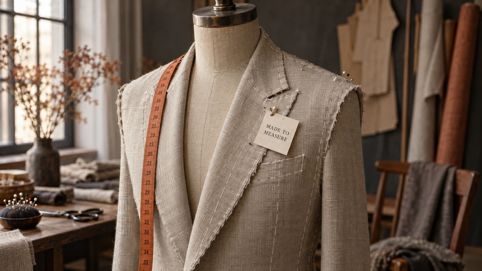 A tailor’s dummy wearing a half-finished linen jacket with chalk marks, a terracotta tape measure and a tag reading MADE TO MEASURE