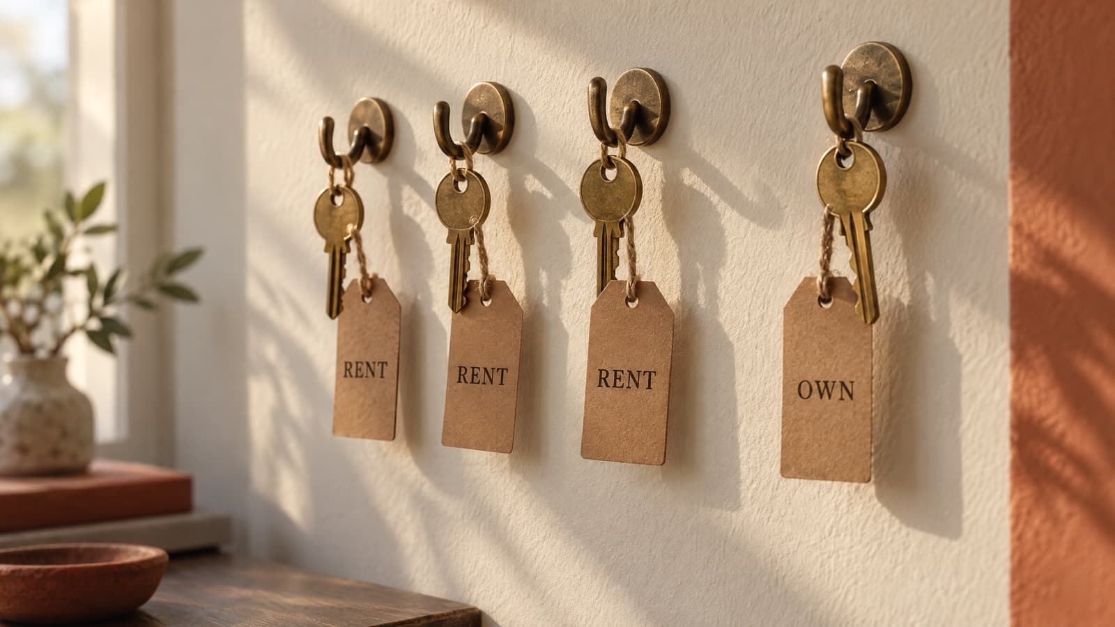 Four brass keys on hooks on a cream wall. Three kraft tags read RENT and the fourth reads OWN