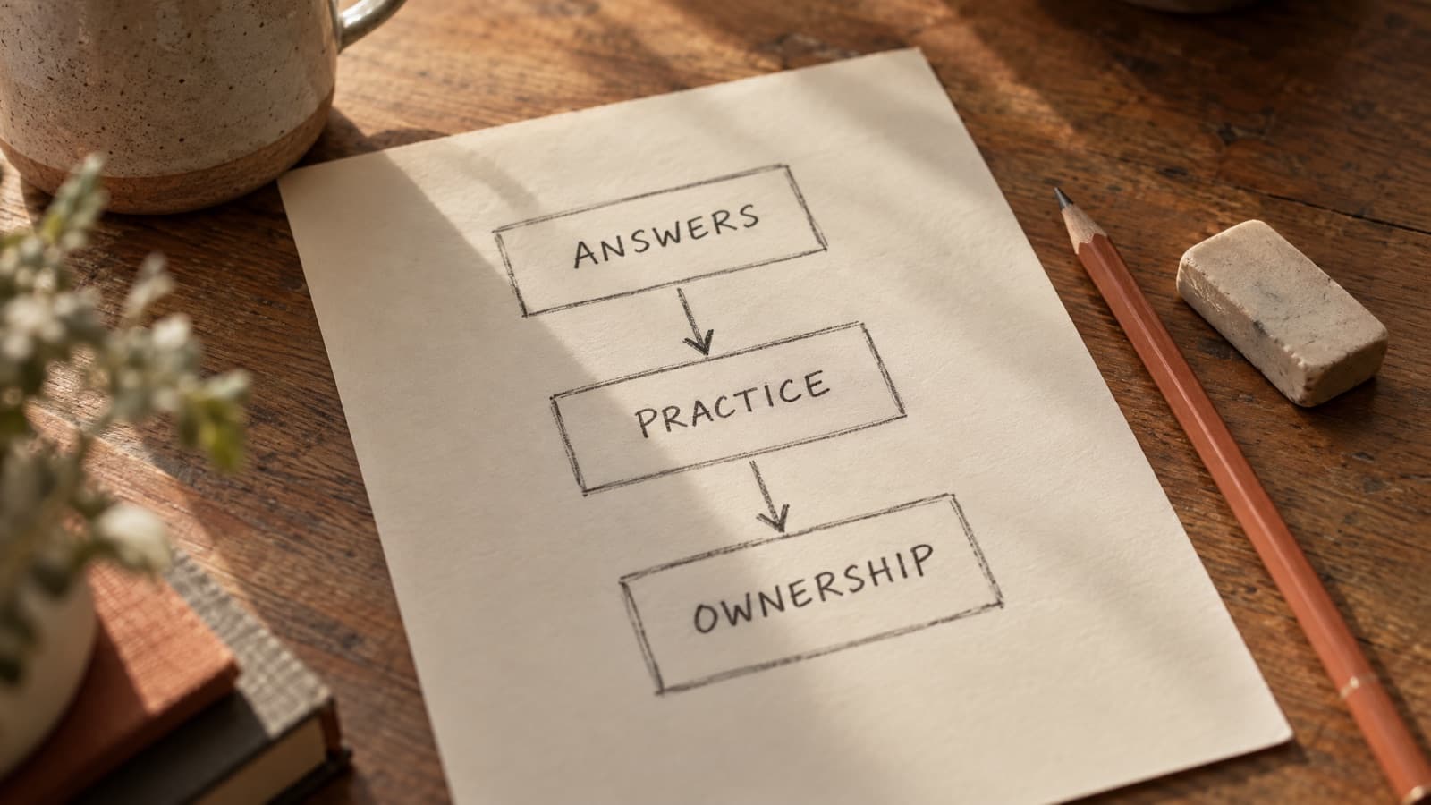 A pencil flowchart on cream paper with three boxes reading ANSWERS, PRACTICE and OWNERSHIP, joined by arrows