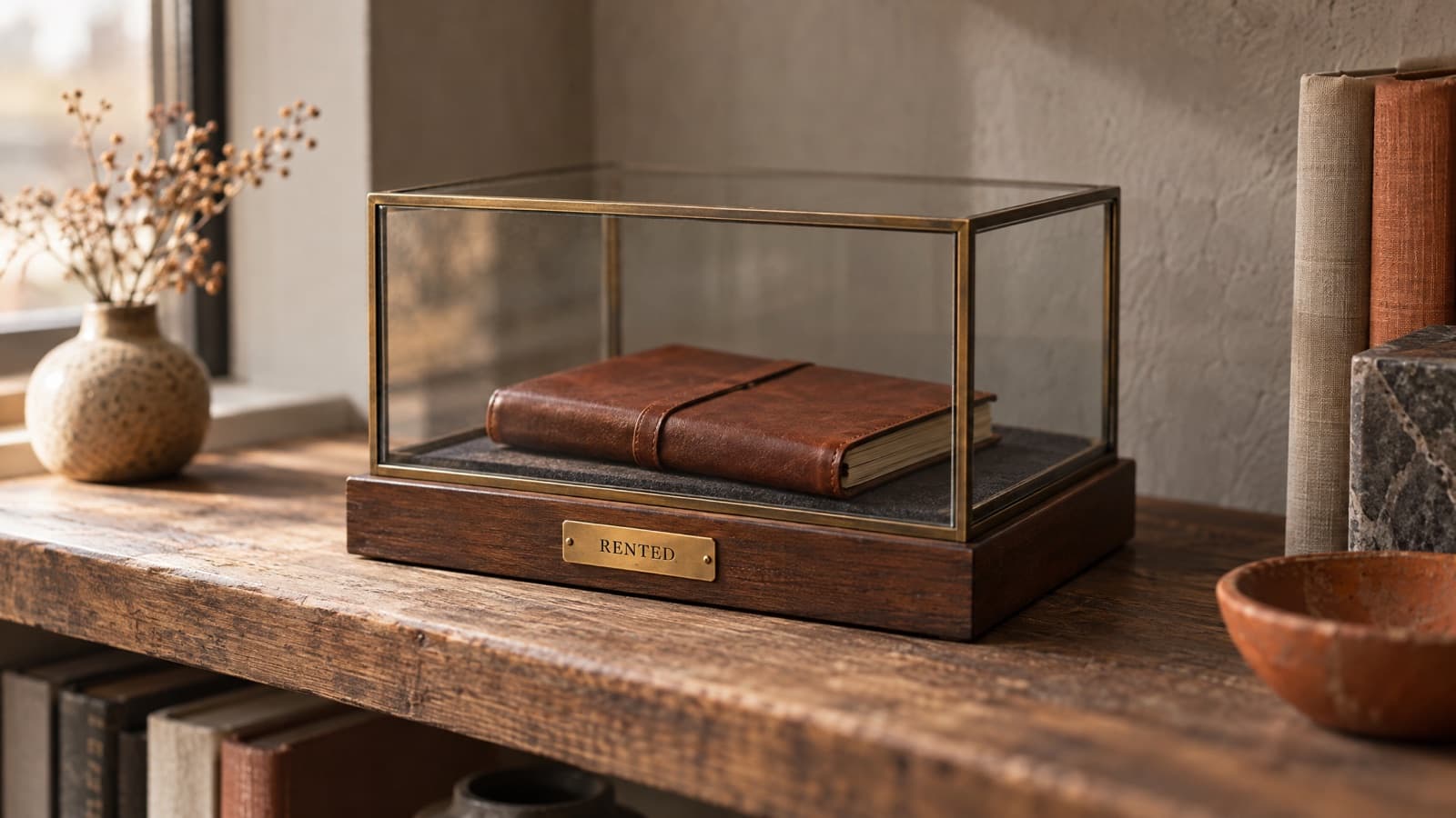 A closed leather notebook inside a glass display case on a wooden shelf, with a small brass plaque reading RENTED