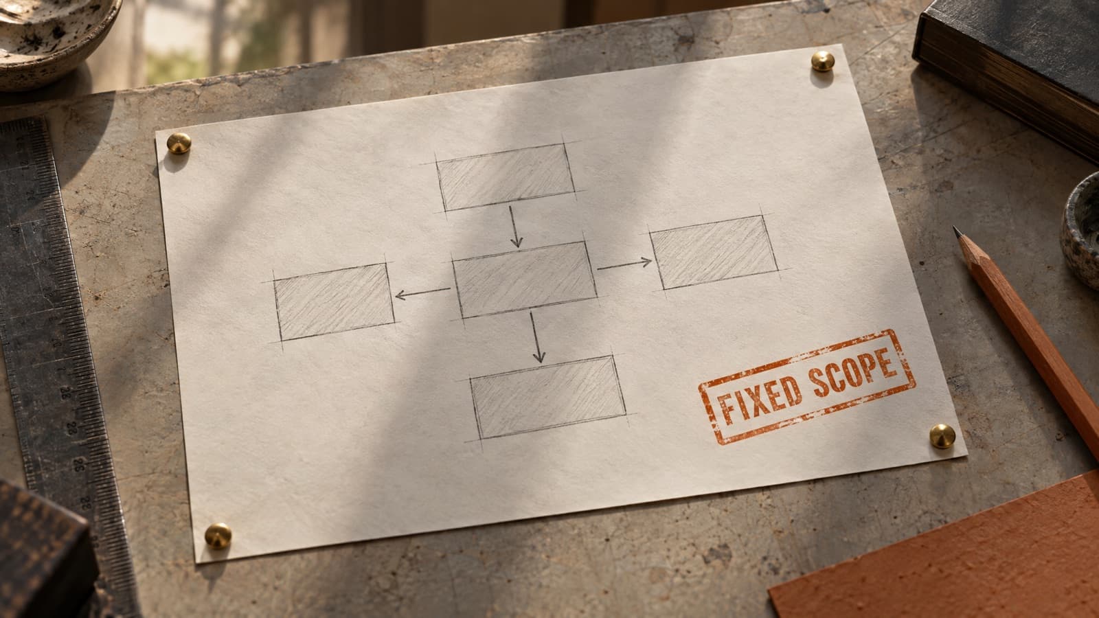 A pencil plan of boxes and arrows pinned flat on a drafting table, with a terracotta stamp in the corner reading FIXED SCOPE