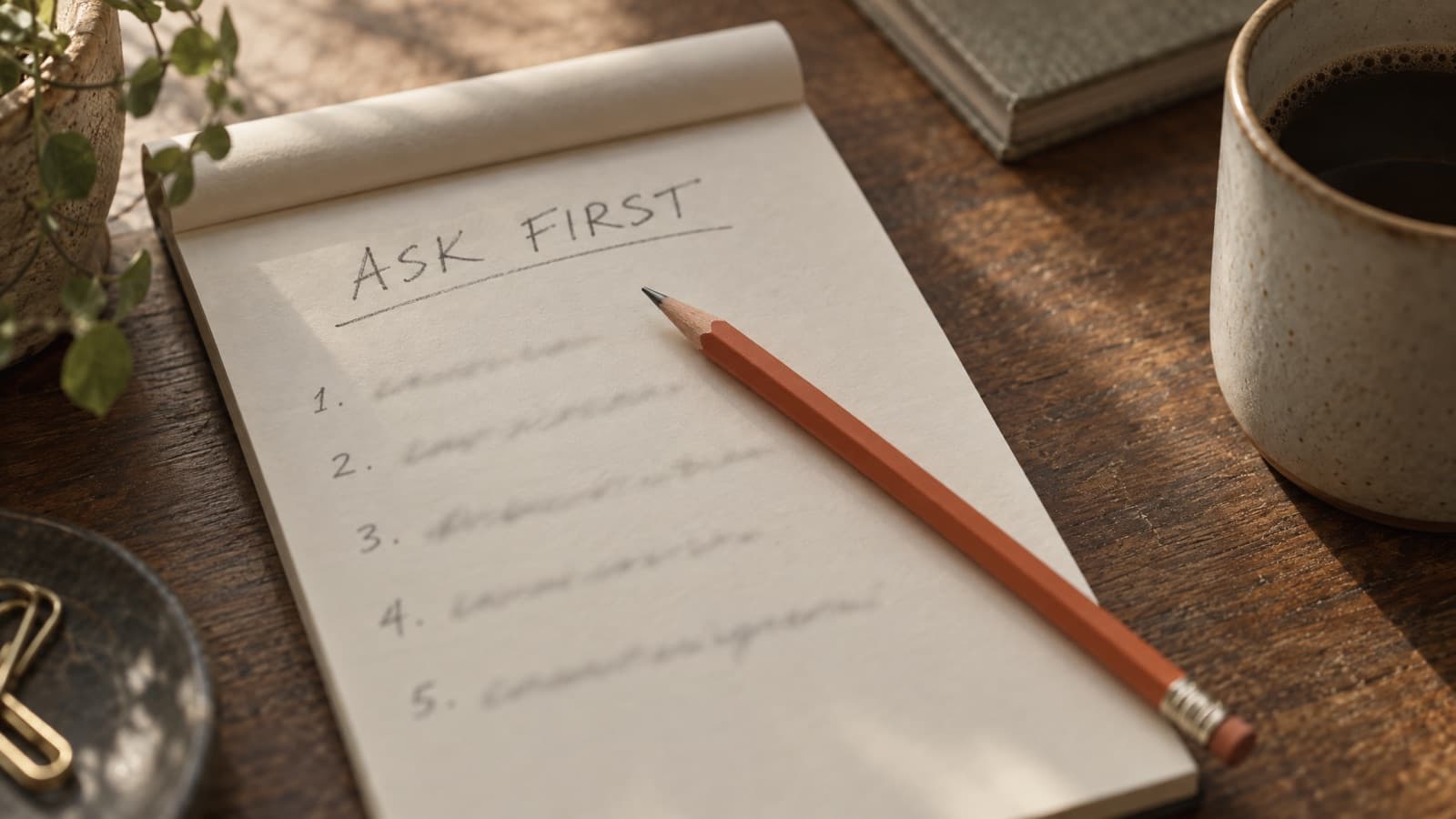 A cream notepad on a wooden desk with ASK FIRST written in pencil above a numbered list, a terracotta pencil across the page and a cup of coffee at the edge