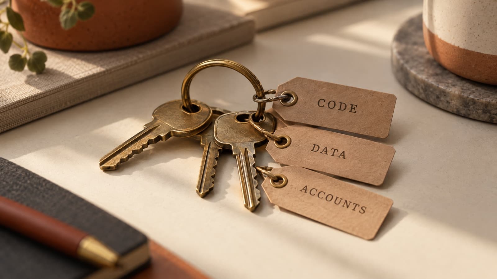 A brass key ring on a cream desk holding three keys with kraft paper tags reading CODE, DATA and ACCOUNTS