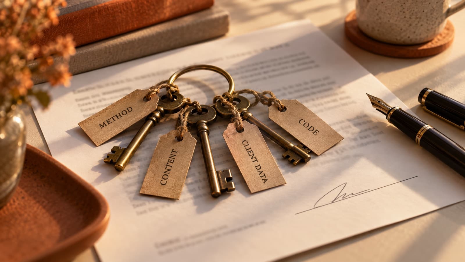 A ring of four brass keys with paper tags reading method, content, client data and code, resting on a signed contract next to a fountain pen