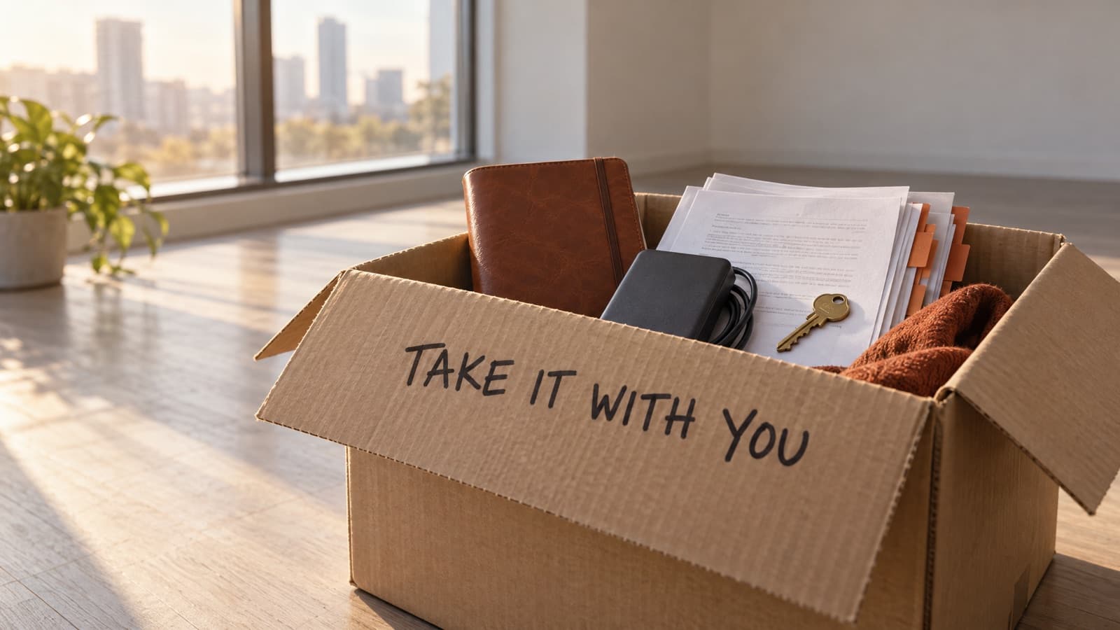 A cardboard moving box in an empty, sunlit office, packed with a leather notebook, a hard drive, tabbed papers and a key, with take it with you written on the flap