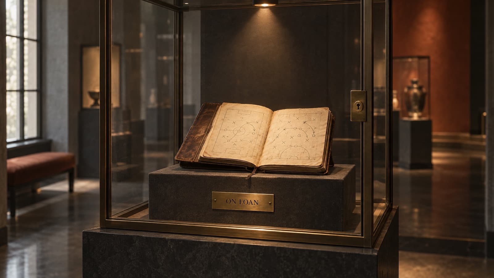 A worn leather notebook of hand-drawn diagrams inside a locked glass display case, with a brass plaque reading on loan