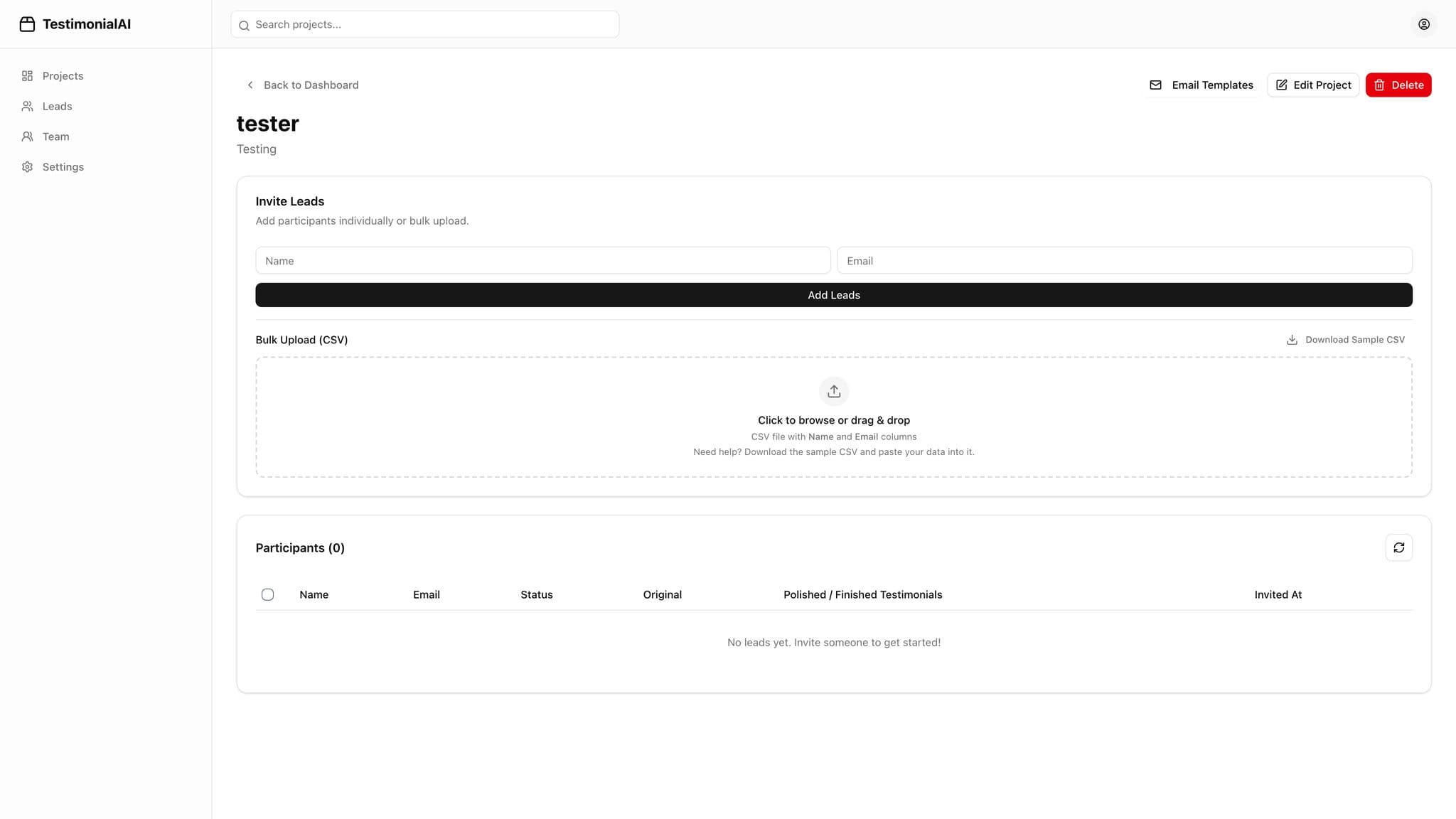 Admin project page with fields to add participants and a CSV upload area