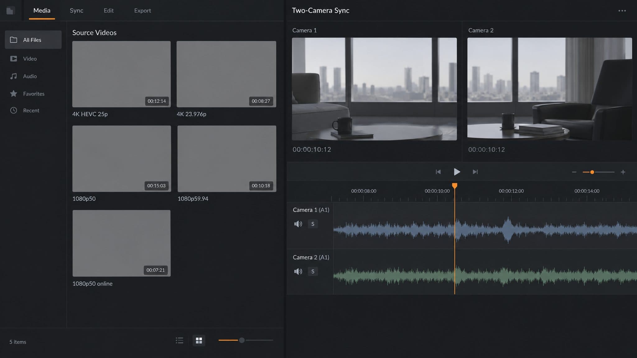 Source video tiles labeled by format beside a two-camera audio sync view