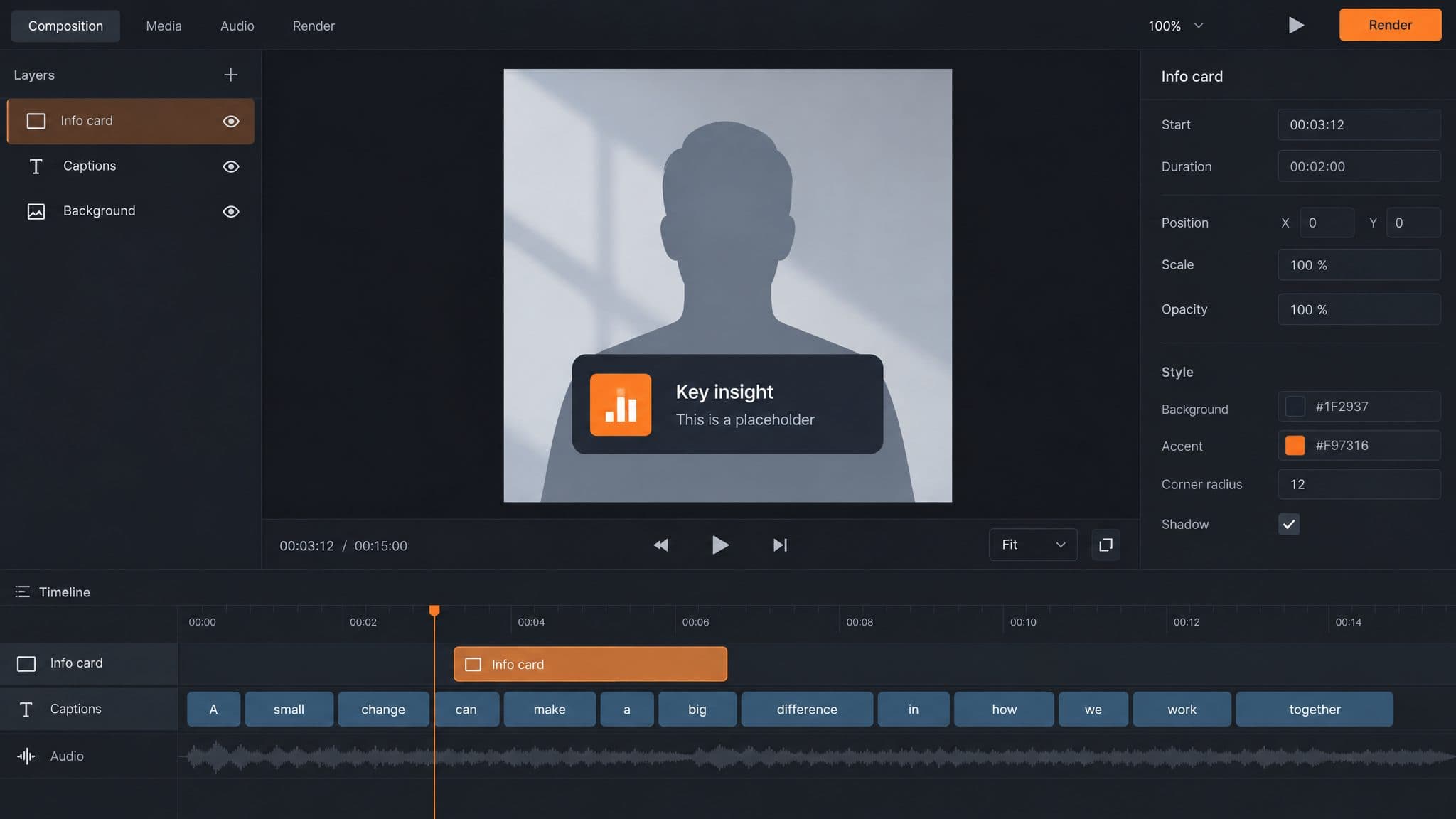 Remotion Studio timeline with word-level caption blocks under an info card layer
