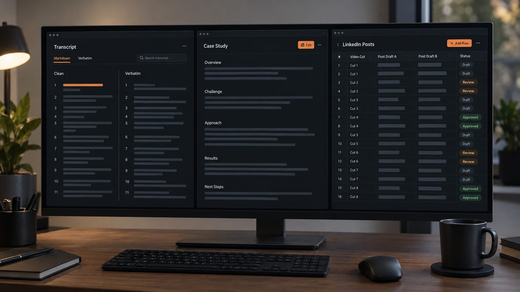Monitor showing a transcript, a case study draft and a spreadsheet of LinkedIn post drafts