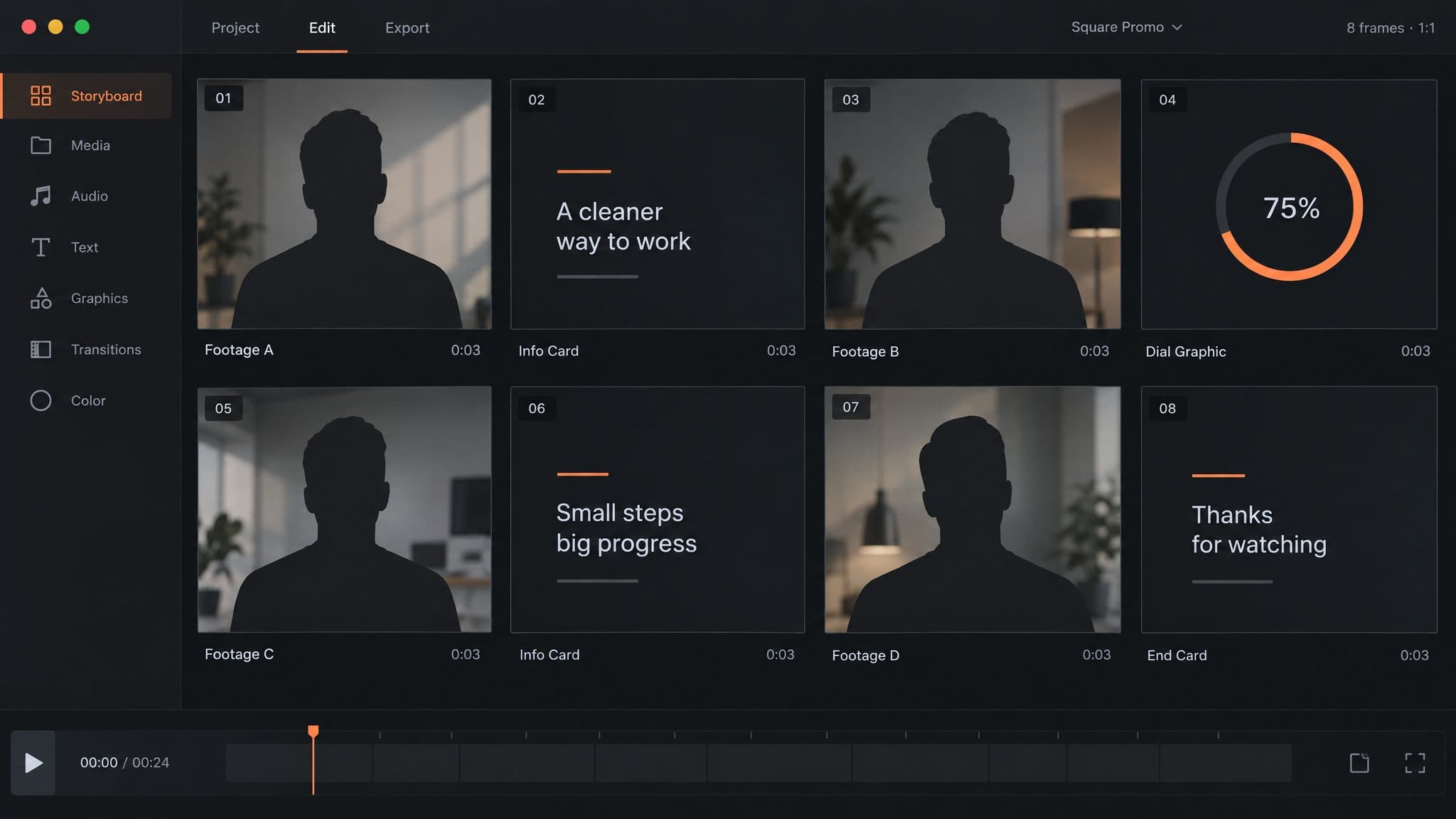 Contact sheet of eight labeled frames from one square promo, with silhouette placeholders