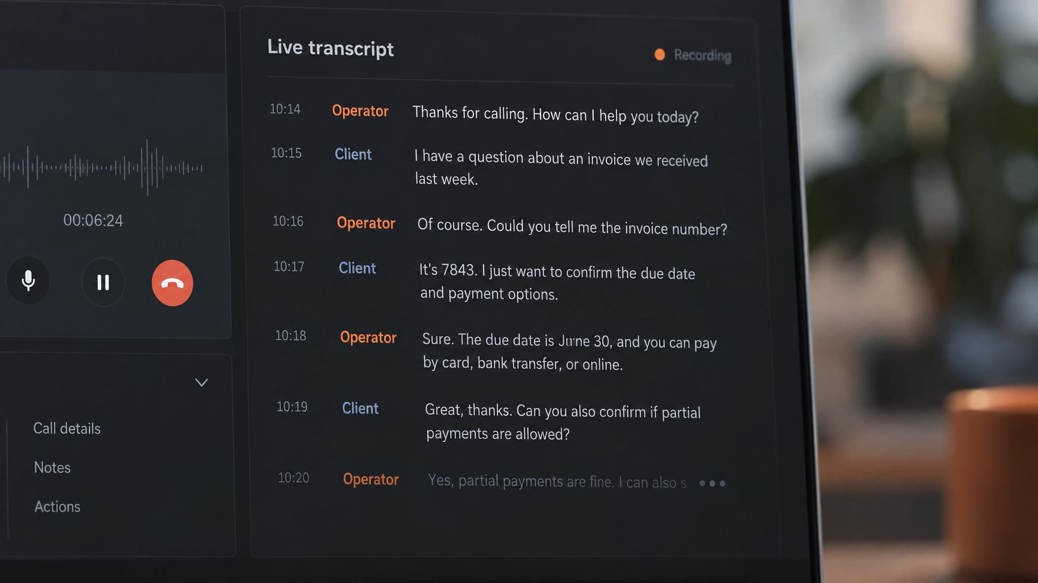 Co-pilot window with a live transcript of alternating Operator and Client lines