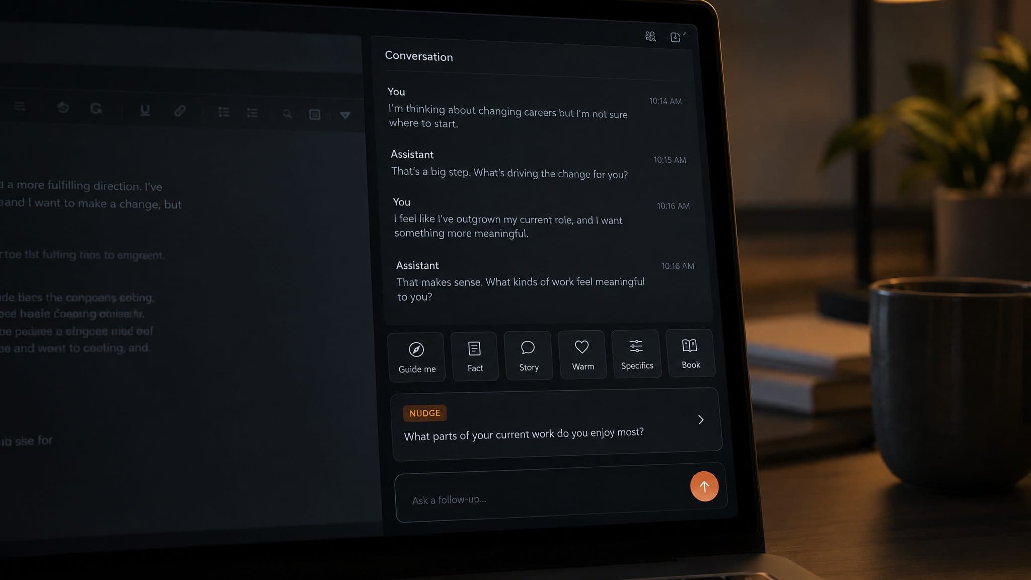 Co-pilot window with the transcript, a row of six buttons and a tagged suggestion card