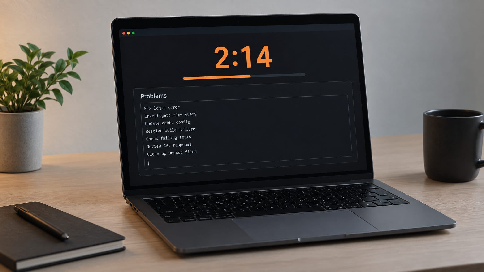 Laptop showing a 2:14 countdown timer above a typed list of short problems