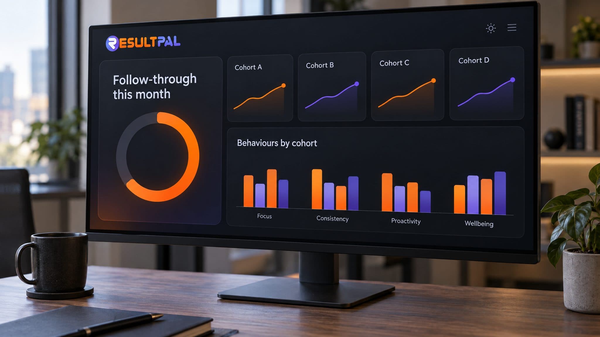 Monitor showing an invented executive overview with cohort trend lines and a behaviors chart