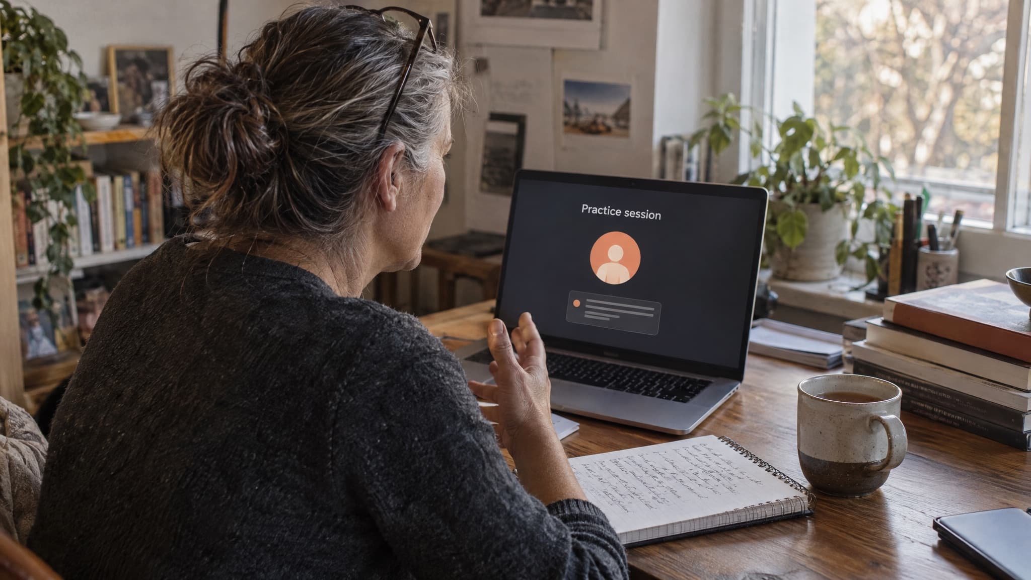 A trainee coach at her desk, talking through a practice session with an AI client on her laptop, beside handwritten notes and a mug of tea