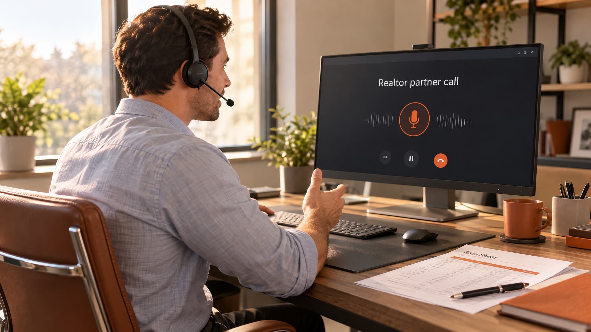 A loan officer in a headset rehearsing a realtor partner call against a voice practice screen, with a rate sheet on the desk
