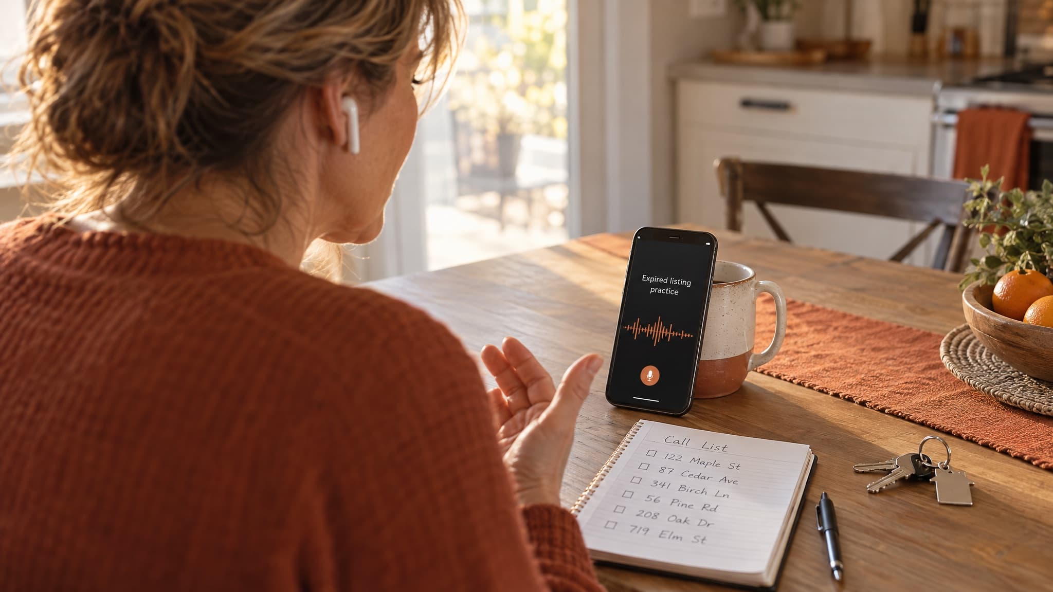 A real estate agent at her kitchen table at 7am, rehearsing an expired listing call out loud to a phone, with a handwritten call list