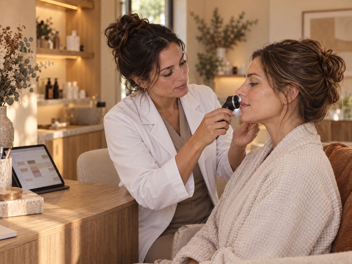 A dermatologist examining a client’s skin with a dermatoscope