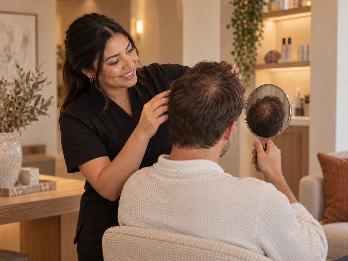 A practitioner showing a client the crown of his head in a mirror
