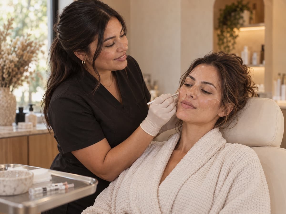 A nurse injector marking a client’s cheek before a treatment