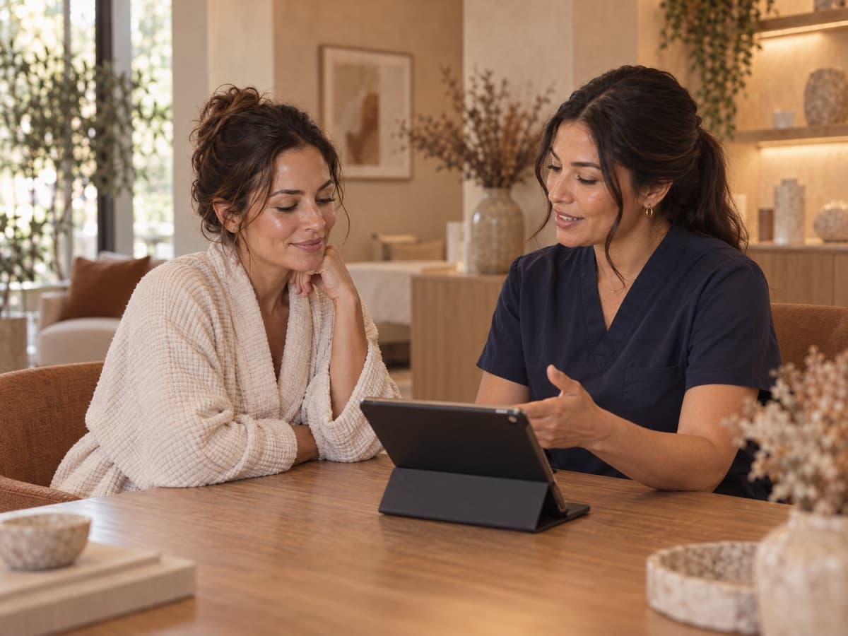 A surgeon talking a client through a consultation on a tablet